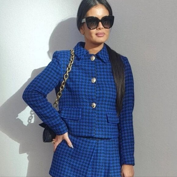 BLOGGER'S FAVE! Zara 2 Piece Co-ord Houndstooth Blazer And Skort Set Blue NWT